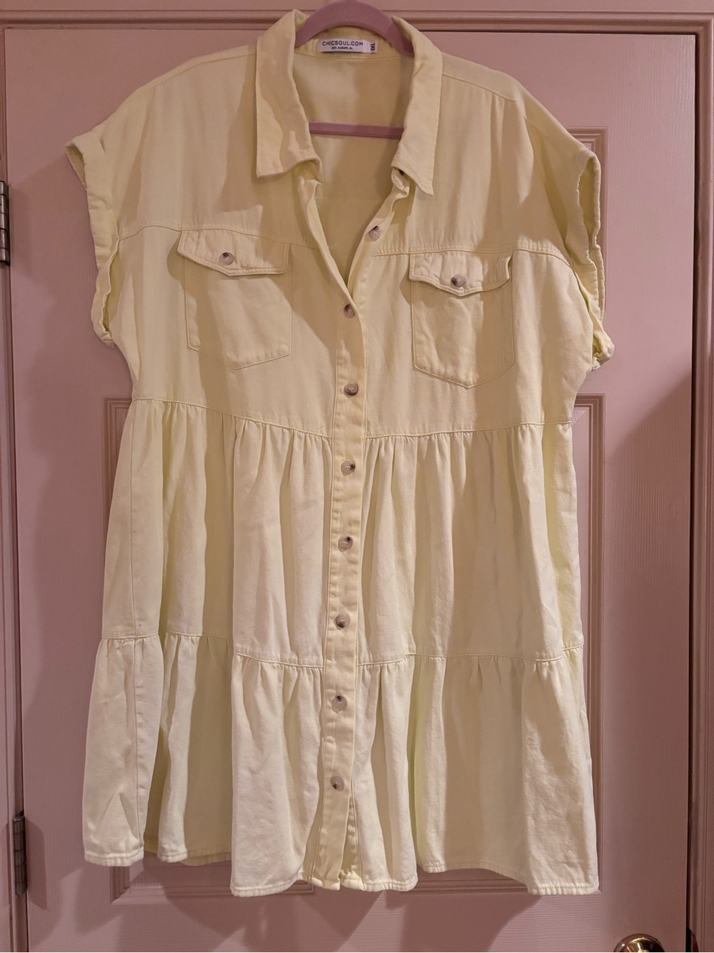 Crescendo Pale Yellow Button-Front Tiered Shirt Dress-Length 38”